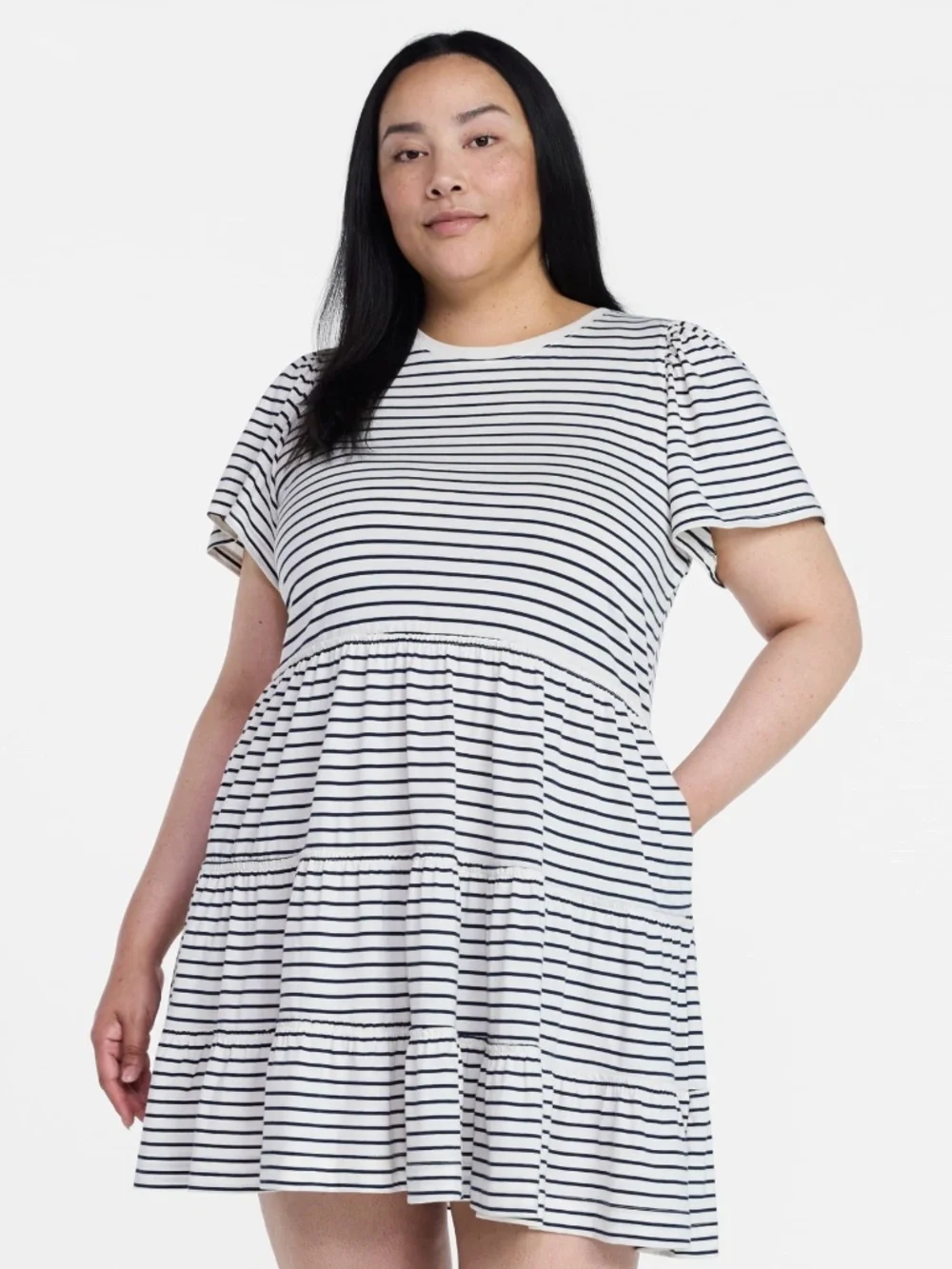 Time and Tru Women’s Mother of Pearl Striped Tiered Dress Size Medium NWT